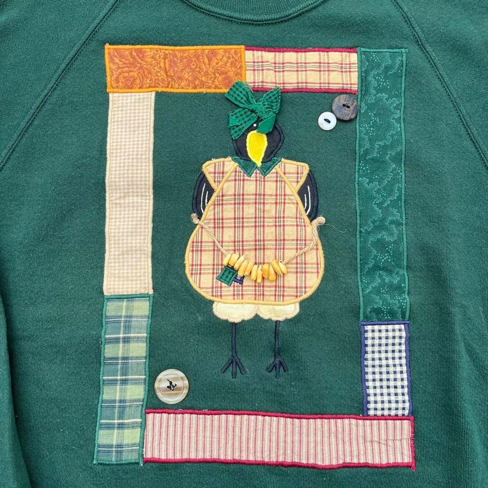 Vintage Forest Green Crow Patchwork Crewneck - image 2
